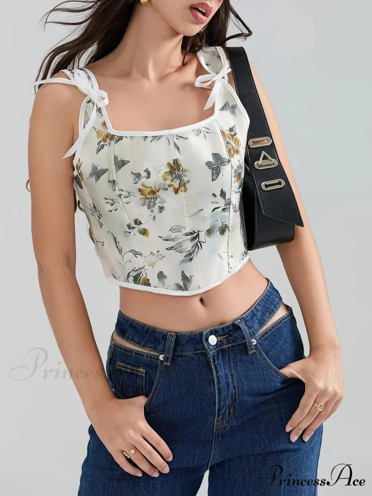 Flower Tie-back Retro Bodice Square Neck Crop Top Green / S croptop-250126