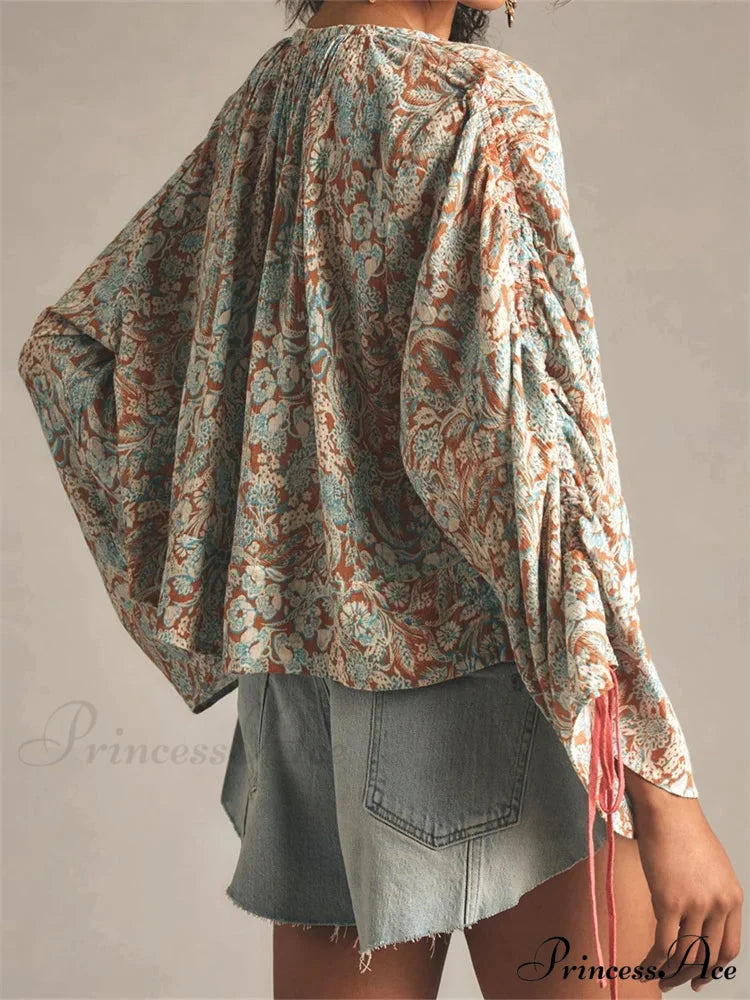 Flower Tie-Up Flare Sleeve Bohemian Blouse blouse-250223