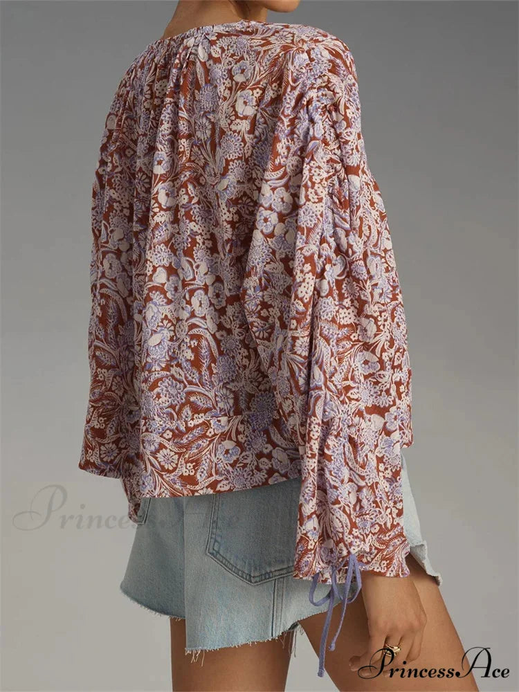 Flower Tie-Up Flare Sleeve Bohemian Blouse blouse-250223