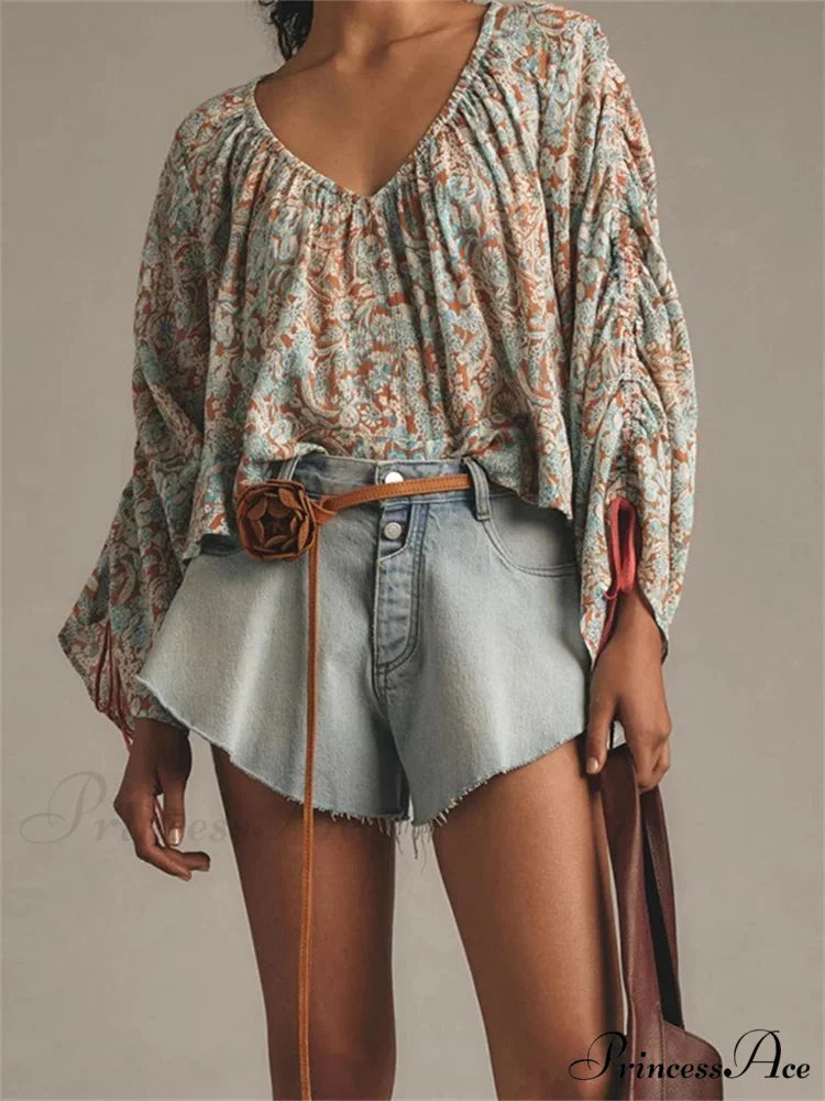 Flower Tie-Up Flare Sleeve Bohemian Blouse blouse-250223