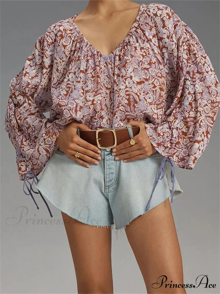 Flower Tie-Up Flare Sleeve Bohemian Blouse blouse-250223