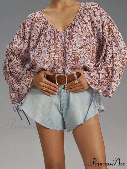 Flower Tie-Up Flare Sleeve Bohemian Blouse blouse-250223