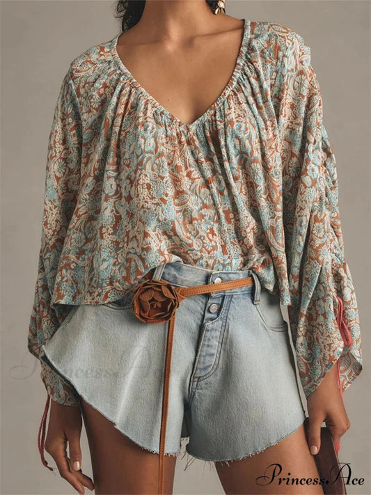 Flower Tie-Up Flare Sleeve Bohemian Blouse blue / S blouse-250223