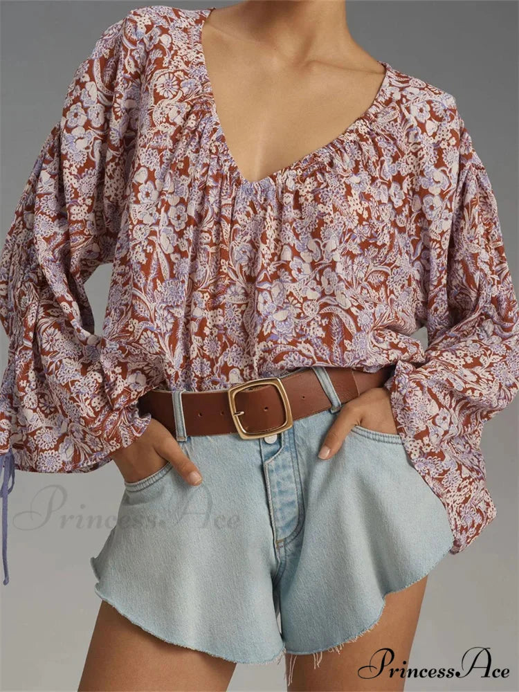 Flower Tie-Up Flare Sleeve Bohemian Blouse pink / S blouse-250223