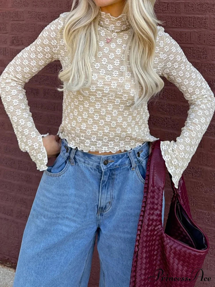 Flower Transparent False Neck Long Sleeve Lettuce Hem Crop Top Beige / S croptop-250126