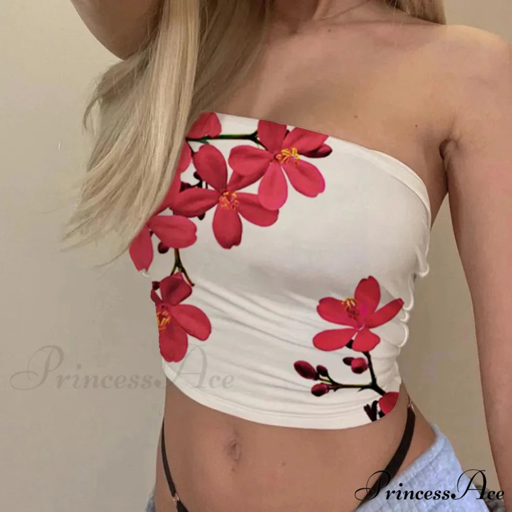Flower Tube Top Bandeau Fitted Summer Crop Red / S croptop-250126