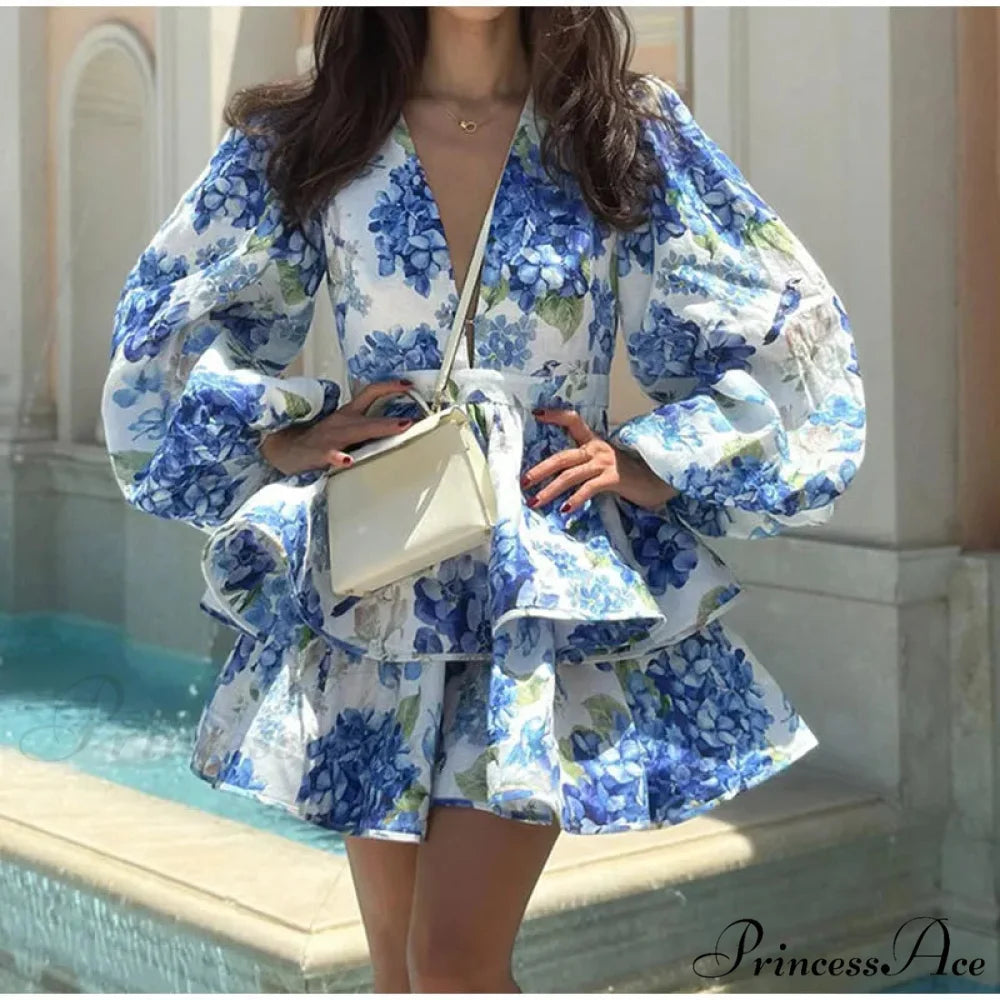 Flower V-Neck Frill Mini Flower Dress Blue / S floraldress-250126