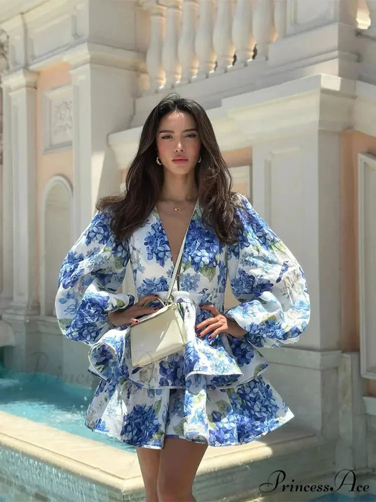 Flower V-Neck Frill Mini Flower Dress floraldress-250126