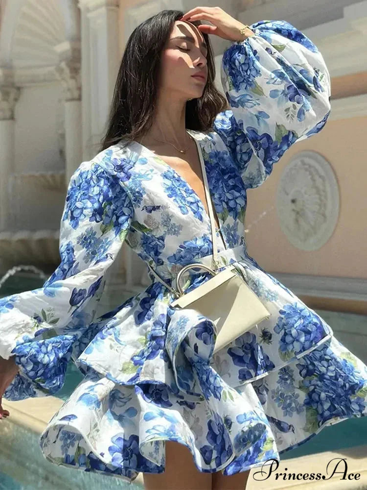 Flower V-Neck Frill Mini Flower Dress floraldress-250126