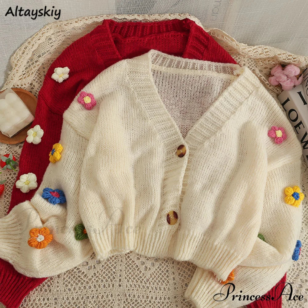 Flower V-neck Kawaii Retro Design All-match Mujer Cardigans