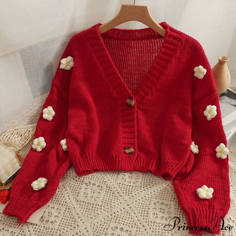Flower V-neck Kawaii Retro Design All-match Mujer Cardigans Red / S