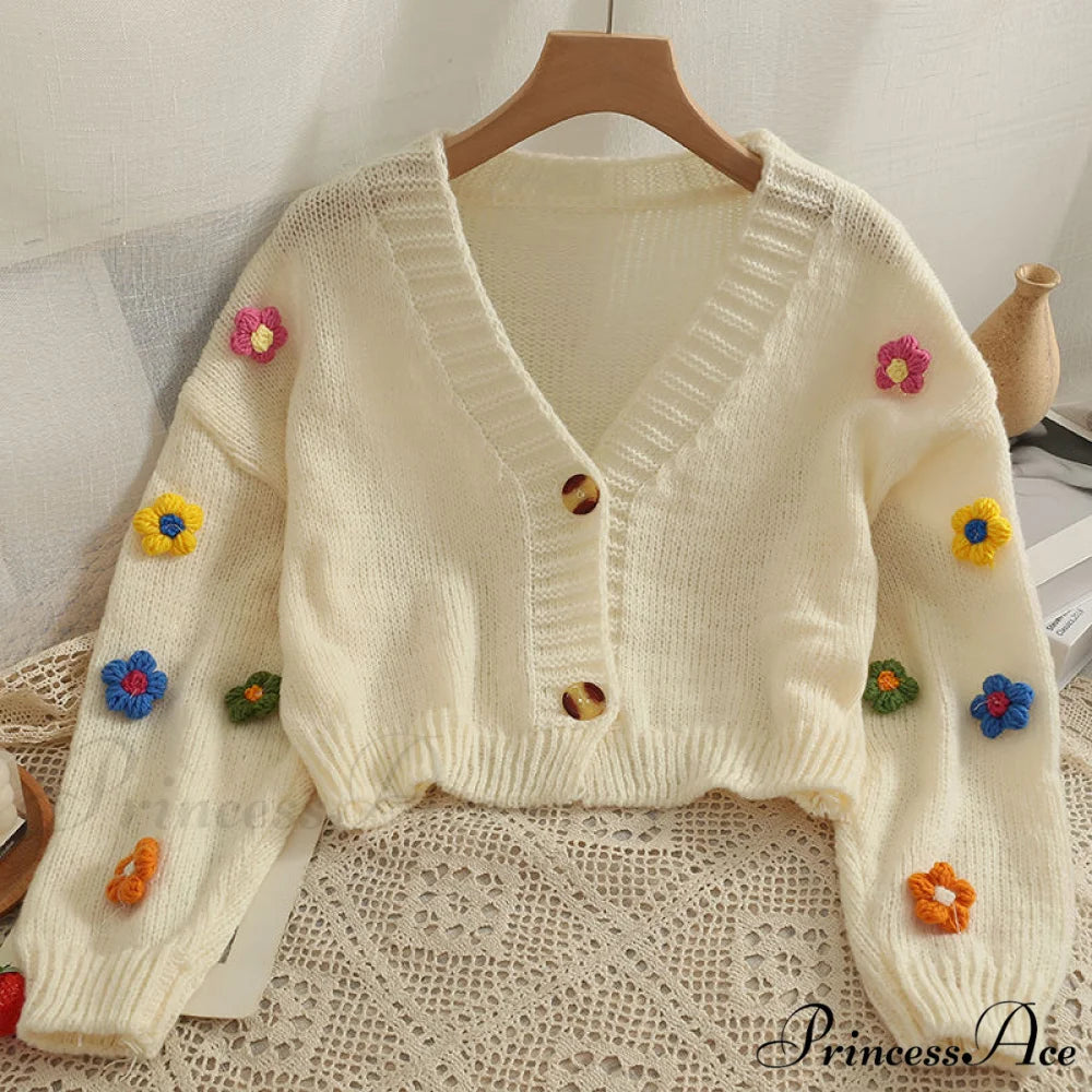 Flower V-neck Kawaii Retro Design All-match Mujer Cardigans White / S