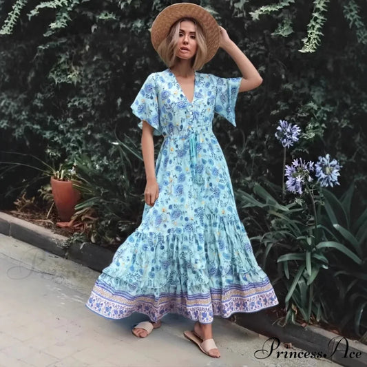 Flower V-neck Rayon Seaside Bohemian Dress Green / S bohodress-250126