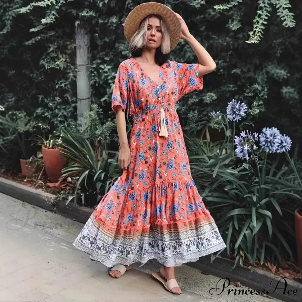 Flower V-neck Rayon Seaside Bohemian Dress Pink / S bohodress-250126