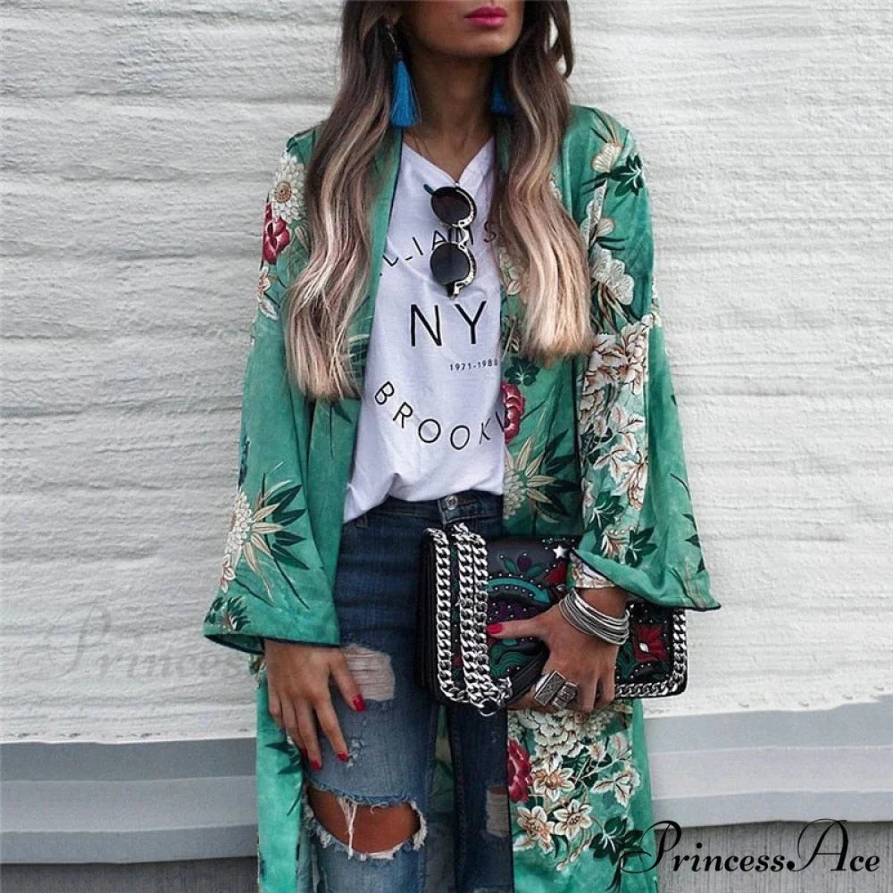 Flowered Bohemian Kimono Full Style with - for Women Chiffon Blouse Top Sleeves