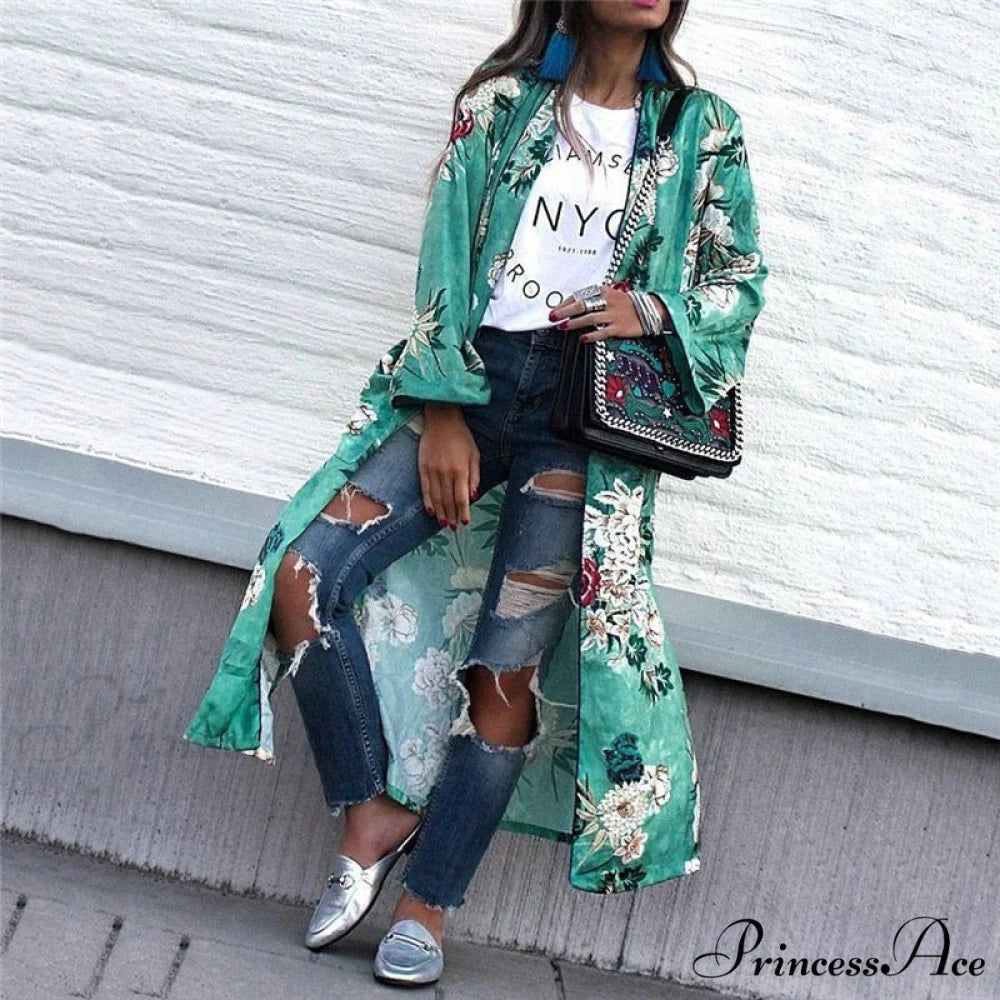 Flowered Bohemian Kimono Full Style with - for Women Chiffon Blouse Top Sleeves