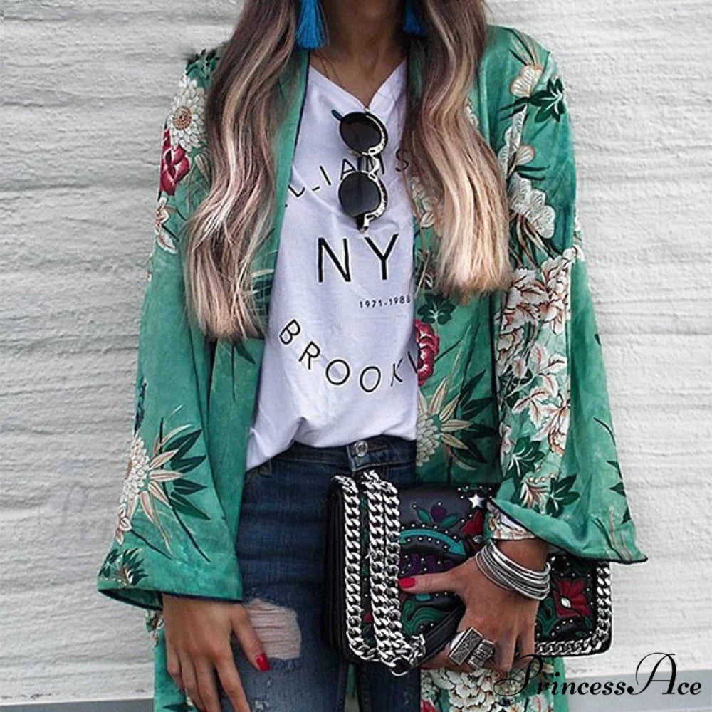 Flowered Bohemian Kimono Full Style with - for Women Chiffon Blouse Top Sleeves