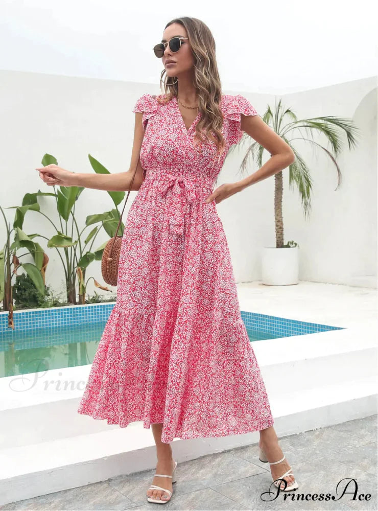 Flowered Brief Arm Chiffon V-Neck Patterned Dress L / RED