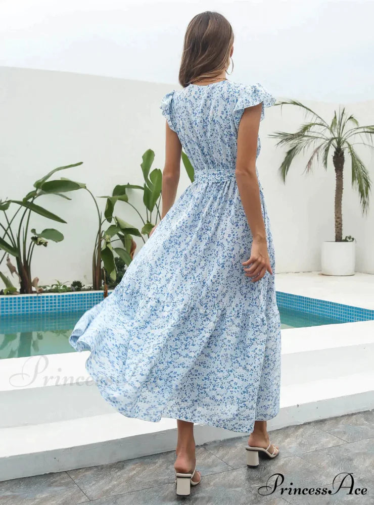 Flowered Brief Arm Chiffon V-Neck Patterned Dress M / BLUE