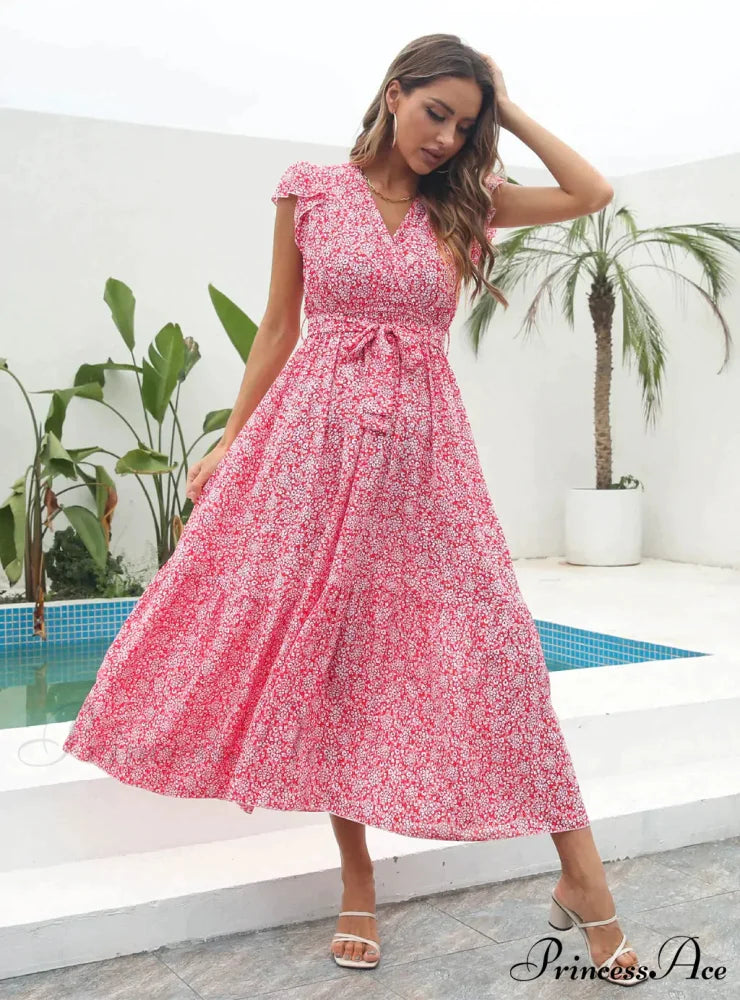 Flowered Brief Arm Chiffon V-Neck Patterned Dress M / GREEN