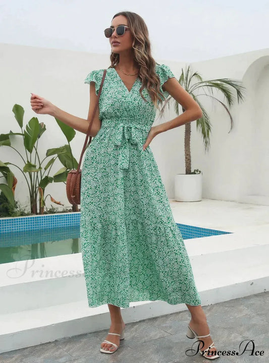 Flowered Brief Arm Chiffon V-Neck Patterned Dress S / BLUE