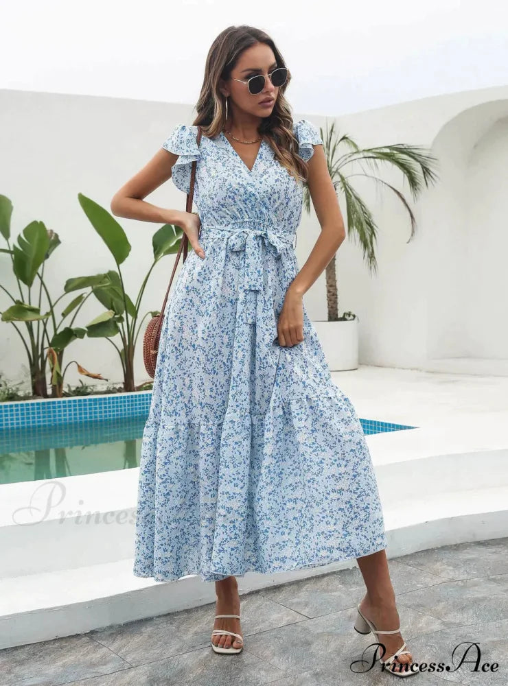 Flowered Brief Arm Chiffon V-Neck Patterned Dress S / GREEN