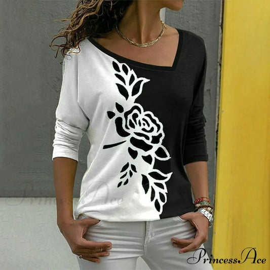 Flowered Contrast Design T-Shirt with Colors Black / S