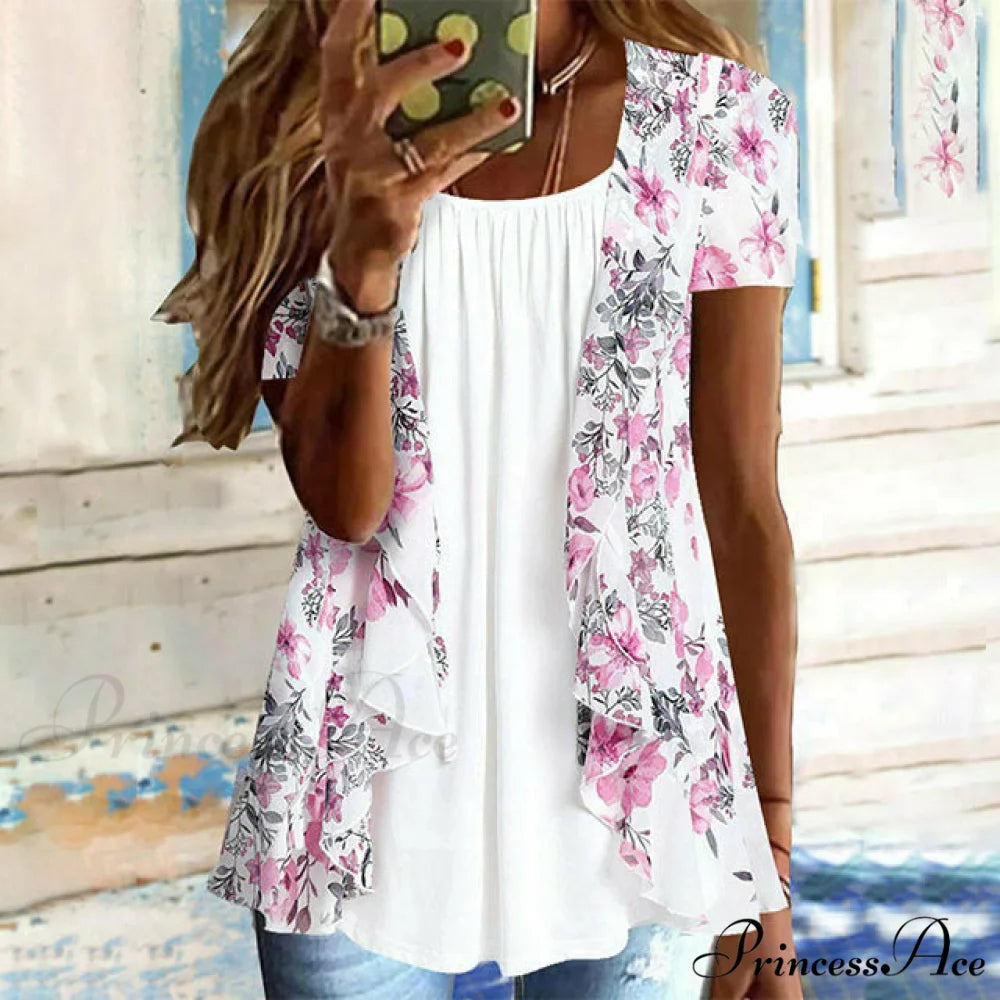 Flowered Design Double-Layer Blouse Pink / S