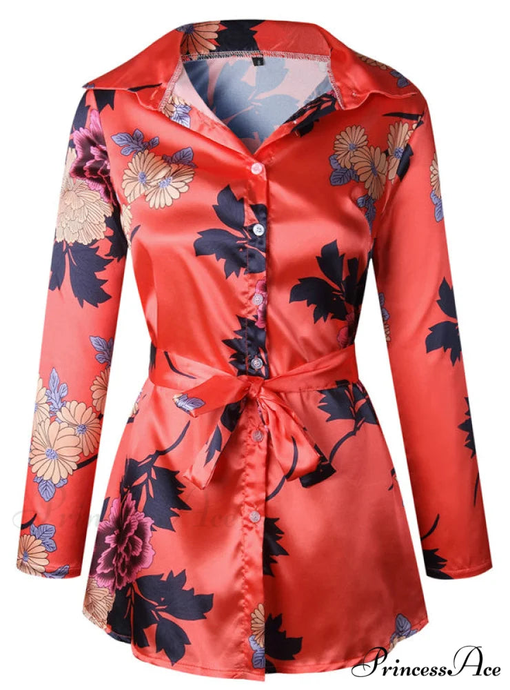 Flowered Gown Women Notched Long Sexy Warm-Season Design Arm Split M / Pink