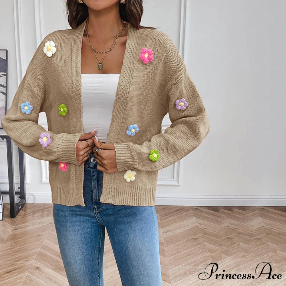Flowered Knitted Cardigan Khaki / S