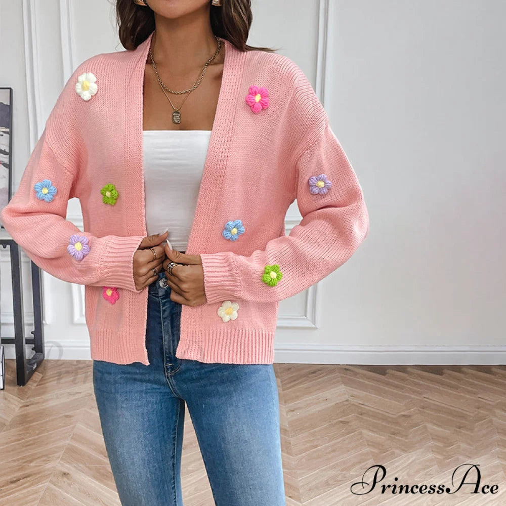 Flowered Knitted Cardigan Pink / S