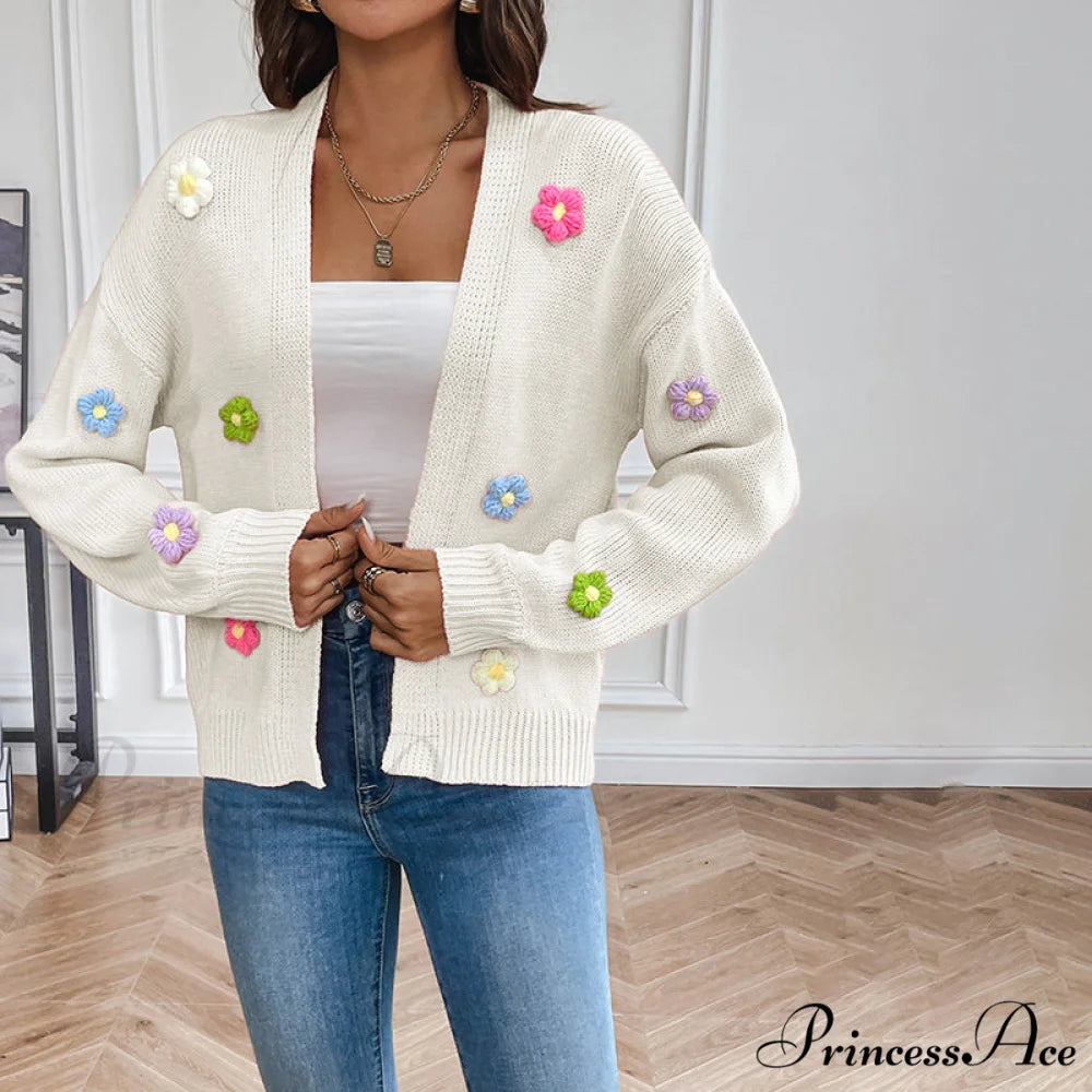 Flowered Knitted Cardigan White / S