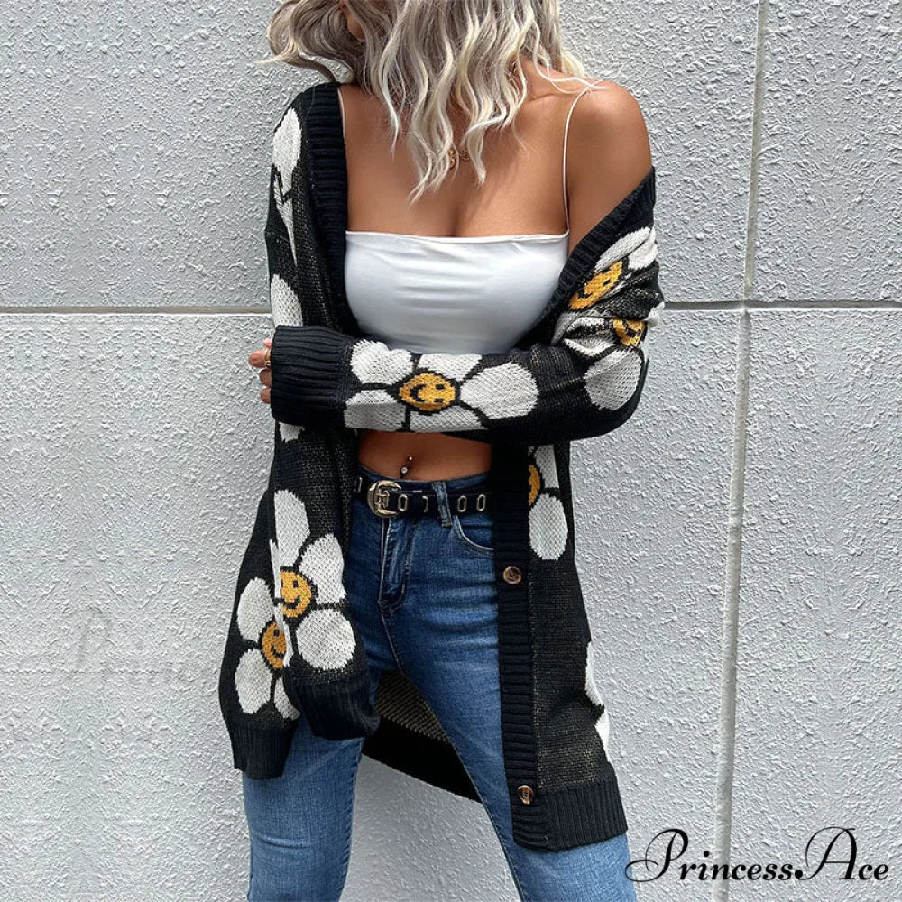 Flowered Longline Cardigan with Buttons