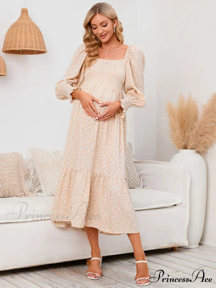 Flowered Maternity Small with Chiffon Gown Print khaki / S