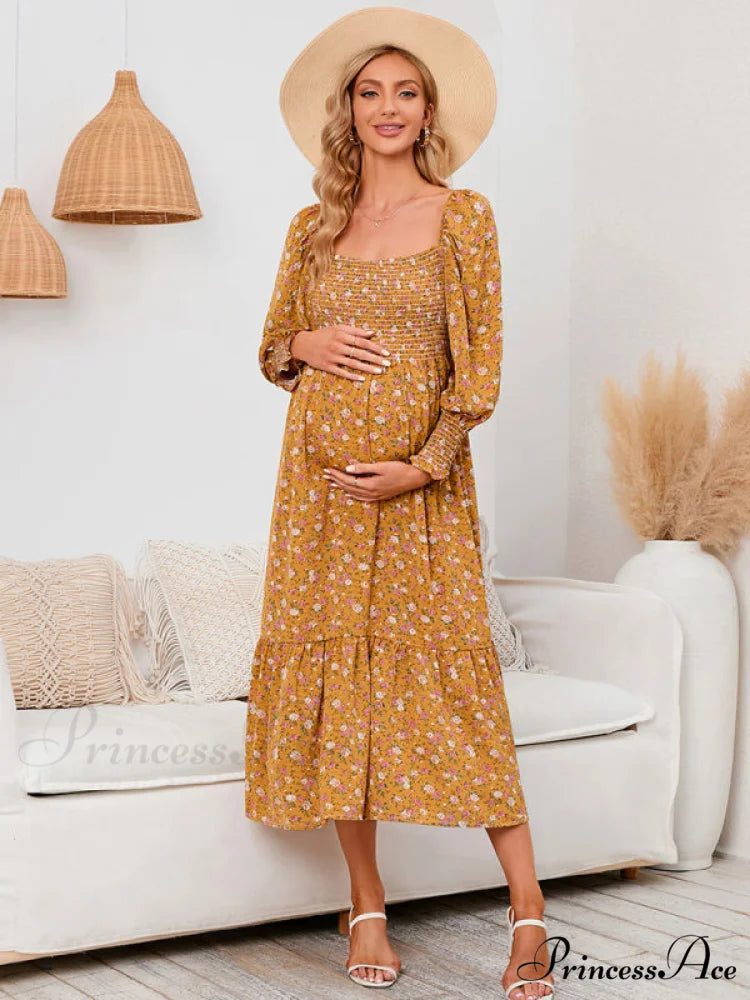 Flowered Maternity Small with Chiffon Gown Print Yellow / S