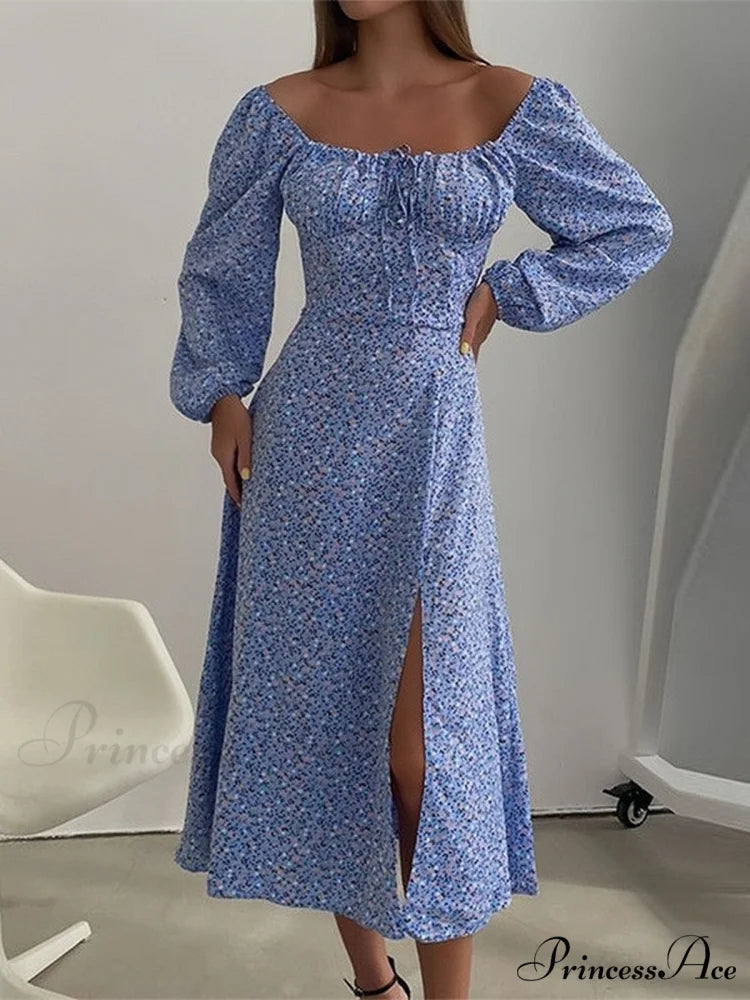 Flowered Neckline Arm Boxy Long Dress S / Blue