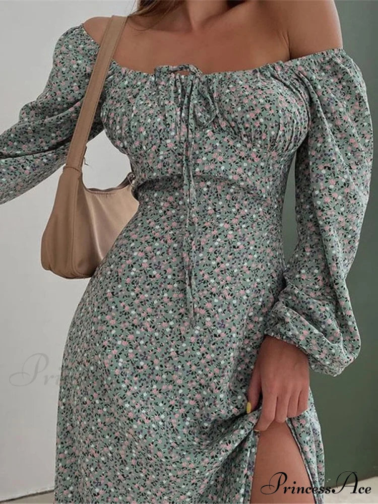 Flowered Neckline Arm Boxy Long Dress S / Green