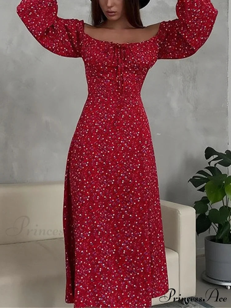 Flowered Neckline Arm Boxy Long Dress S / Red