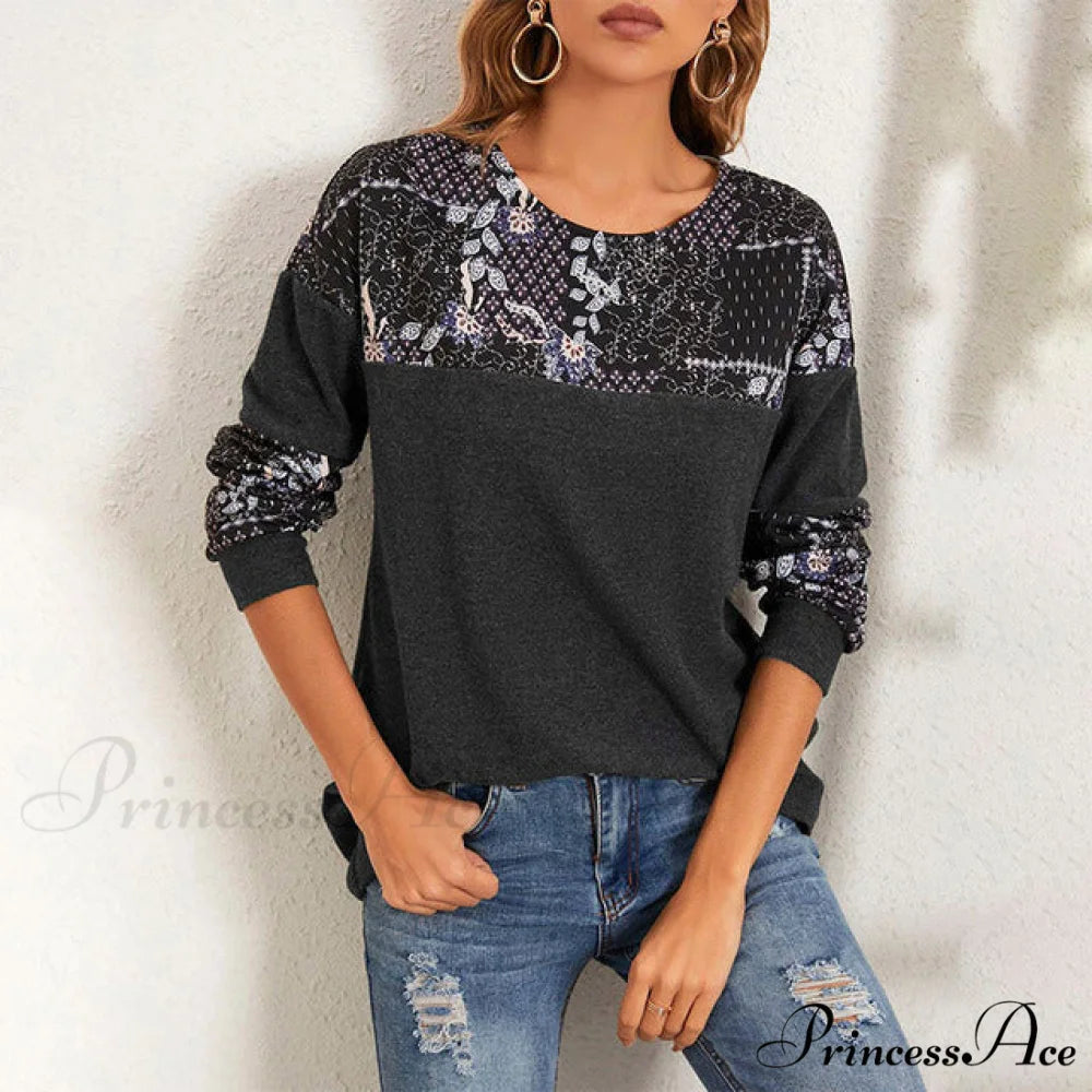 Flowered Patchwork T-Shirt Dark Gray / S
