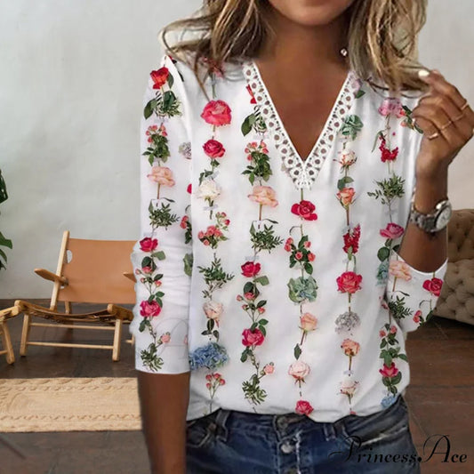 Flowered T-Shirt with Lace Print White / S