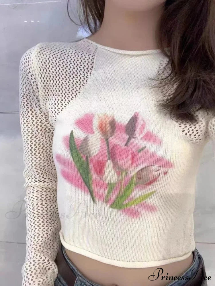 Flowered Tops Fashion Arm Sexy Tees Autumn Knitted Women Slim Female O-Neck Tshirts Brief Crop Blouse Casual T-shirt