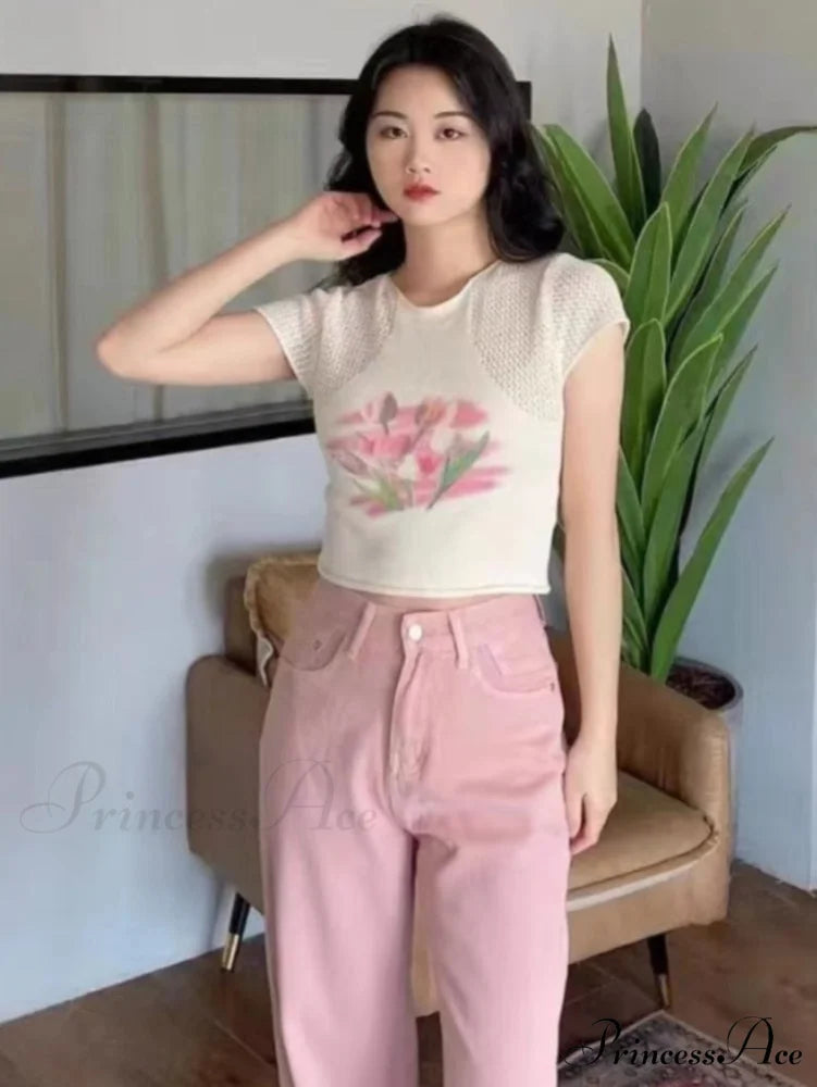 Flowered Tops Fashion Arm Sexy Tees Autumn Knitted Women Slim Female O-Neck Tshirts Brief Crop Blouse Casual T-shirt