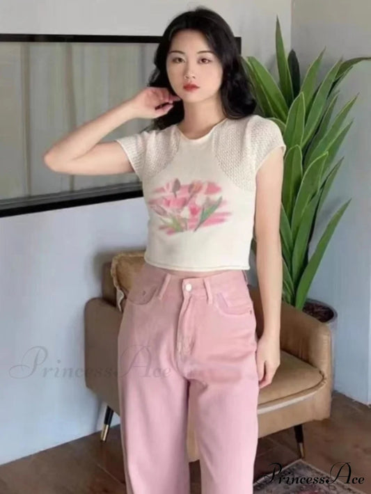 Flowered Tops Fashion Arm Sexy Tees Autumn Knitted Women Slim Female O-Neck Tshirts Brief Crop Blouse Casual T-shirt