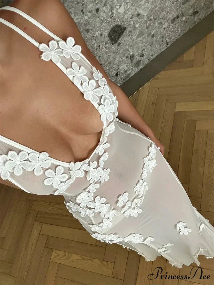 Flowers for Women Sexy Sleeveless Strap High Split Backless Mesh See Through Vestidos Party Clubwear