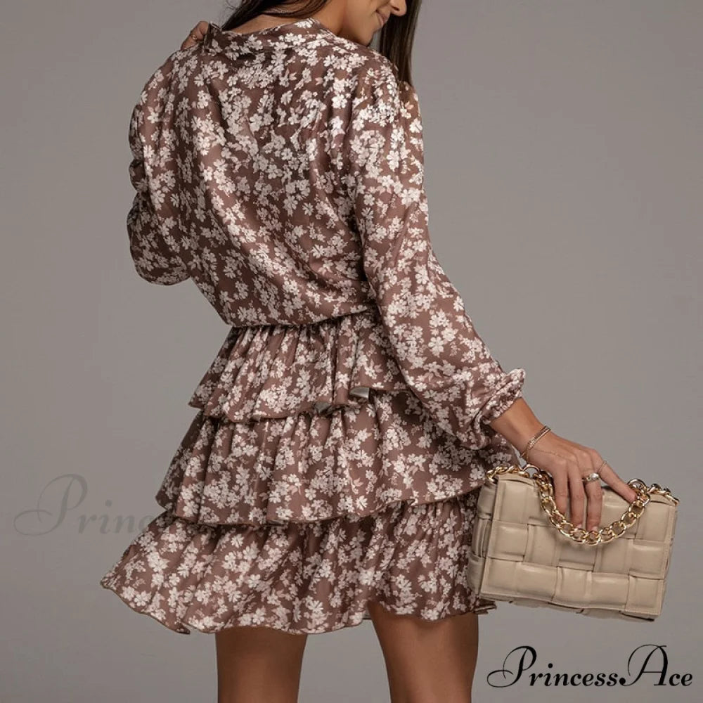 Flowers Print V Neck Green Short Dress