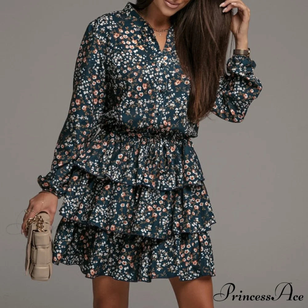 Flowers Print V Neck Green Short Dress grey / S