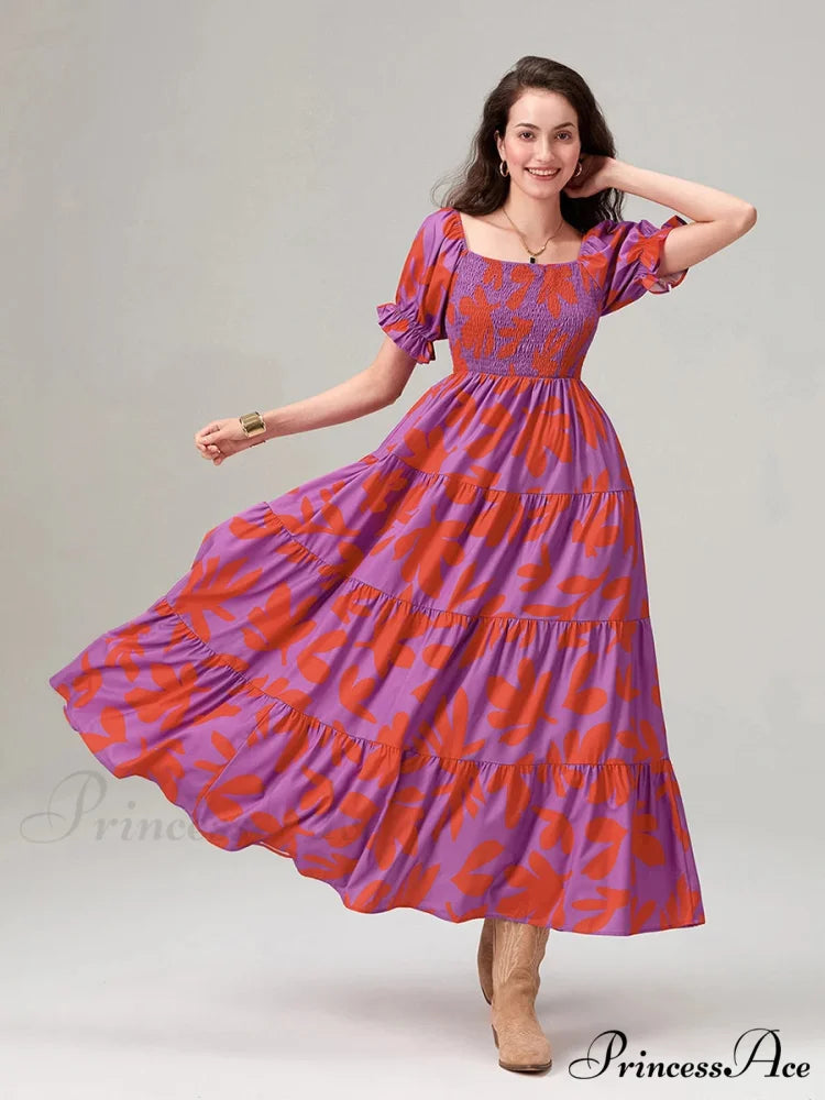 Flowery Pattern Loose Puff Sleeve Square Neck A-Line Holiday Flowery Dress floraldress-250126