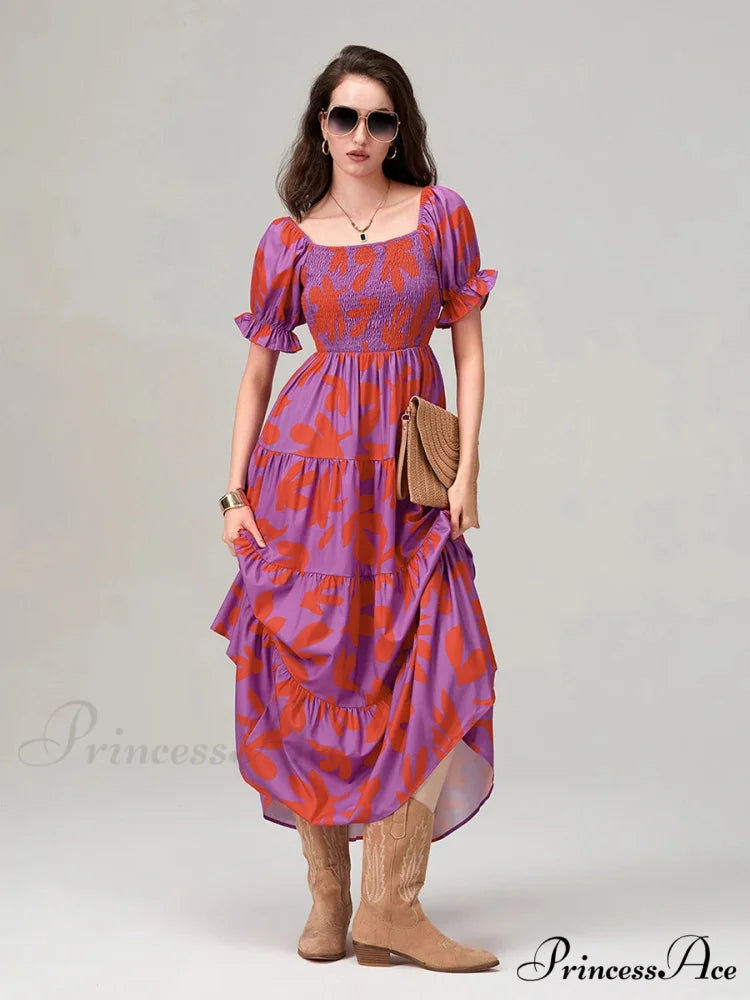 Flowery Pattern Loose Puff Sleeve Square Neck A-Line Holiday Flowery Dress floraldress-250126