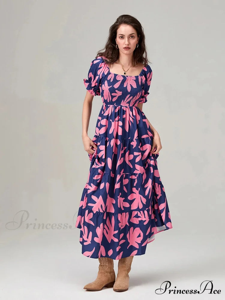 Flowery Pattern Loose Puff Sleeve Square Neck A-Line Holiday Flowery Dress floraldress-250126
