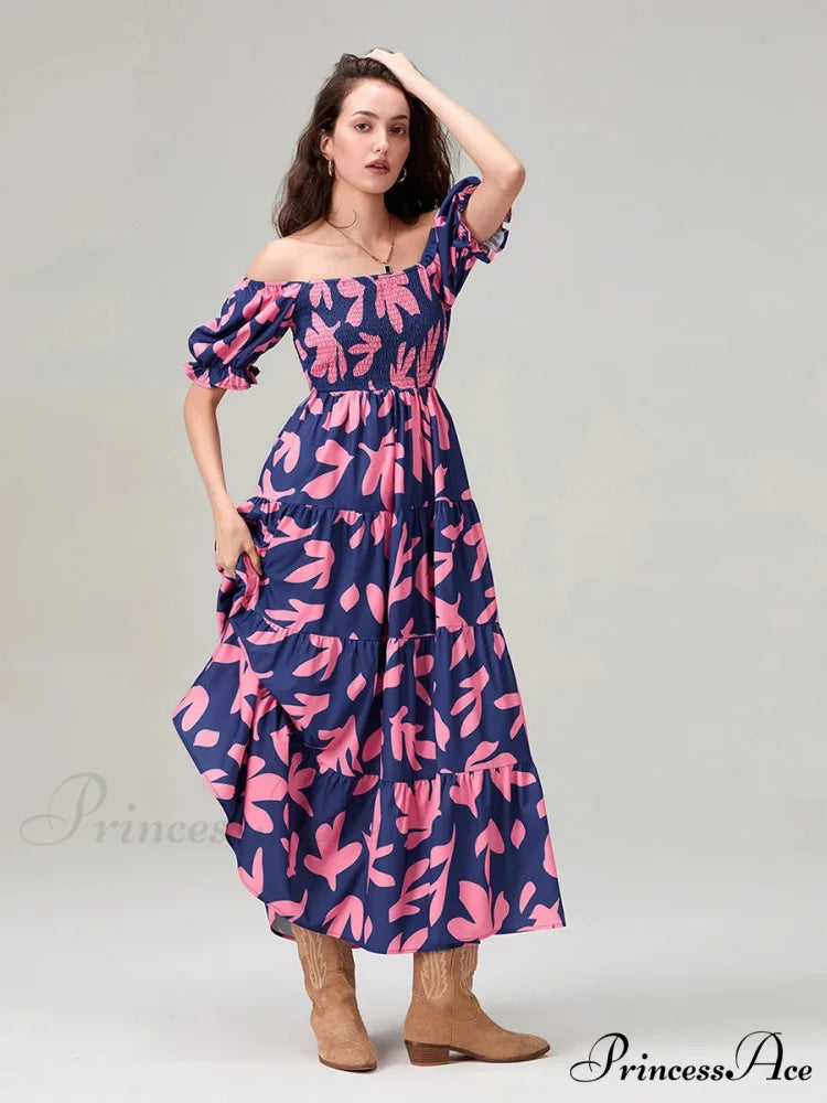 Flowery Pattern Loose Puff Sleeve Square Neck A-Line Holiday Flowery Dress floraldress-250126